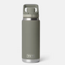 Dark green bottle with a chug cap and that says Yeti in silver at the bottom.