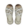 Pair of beige sandals with white straps on a white background