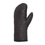 Bottom view of a mitten that is back and it have Black Diamond written all over the bottom in a glossy material.