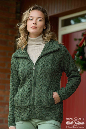 Aran Crafts Women's Double Collar Zip Cardigan (X5230)