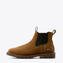 Brown Chelsea boot with black patch on a white background
