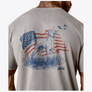Gray t-shirt with a graphic of a dog, American flag, and birds on the back.