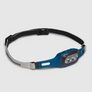 Blue headlamp with a black head strap against a white background.