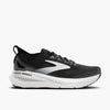 Black shoe with white accents with Brooks logo on the sole against a white background