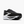 Black running shoe with white sole on a white background