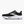 Black running shoe with white sole on a light gray background