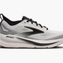 Gray and black running shoe with 'Brooks' branding on a white background