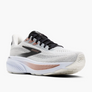 White, black and rose gold running shoes with the brooks logo on the side against a white background