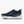 Navy running shoes with a white sole on a white background