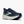 Navy running shoe with white sole on a white background