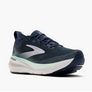 Navy running shoe with white sole on a white background
