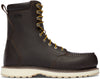 Brown work boot with yellow laces against a white background