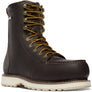 Brown work boot with yellow laces against a white background