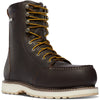 Brown work boot with yellow laces against a white background