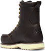 Brown work boot with a logo on the heel against a white background