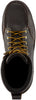Brown work boot with yellow laces against a white background