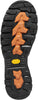 Close-up of a black and orange sole with a logo on a white background