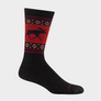 Tall black sock with red accents and a moose on the leg portion of the sock against a white background.