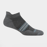 Grey ankle sock with white and light blue accents against a white background.