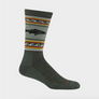 Green sock with multi colored strips and a black trout on the upper leg portion of the sock against a whit background.