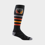 Tall black sock that has orange and grey accents as well as a deer emblem on the top of the leg portion.