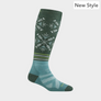 Teal and green socks that has snowflakes on the upper leg part and stripes on the ankle area.