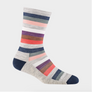 A striped sock that is purple, white, pink, grey, brown and navy blue with navy blue toe and heel area against a white background.