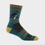 A sock that is teal and grey with yellow, tel, and light blue stripes that has a dog with a white paddle on it.