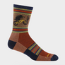 Brown pair of socks that has red, blue, light green and yellow accents and a hog riding a bike on the let part.