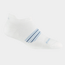 White socks with blue stripes across the top of the foot against a white background.