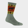 sage green sock with orange and yellow stripes on the upper leg portion with a aztec print in the yellow stripe and a black moose in the orange stipe all against a white background.