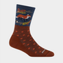 Maroon and navy sock with light maroon polka dots with a fox on the upper leg of the sock against a white backgorund.