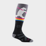 Long black and grey socks that has a rainbow separating the two colors. The grey part has a polar bear carrying pinks ski's. 