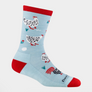 Light blue socks with red toes and heels and has black and white chickens, eggs and gross all over the sock.
