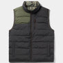 Black and olive green puffer vest against a white background.