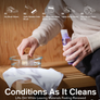 Person dipping a brush into a bowl of water and holding a purple bottle of cleaner while sitting on a bench.