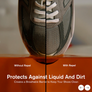 A shoe being dipped into an orange liquid showing how the Jason Markk repellent works.