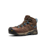 Brown and black shoe that has blue accents against a white background.