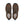 Top view of a pair of brown and black shoes that have blue accents against a white background.