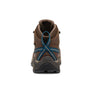 Back of a brown and black shoe that has blue accents against a white background.