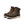 Pair of dark brown boots with yellow laces and black accents and a tan sole against a white background.
