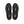 Top view of a pair of black shoes that has a grey stripe down the middle of the tough and has Keen written in yellow on the inside sole of the shoe against a white background.