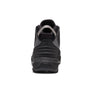 Back view of an all black shoe that has a grey tab on the back against a white background.