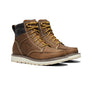 Brown leather boots with gold laces on a white background