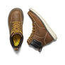 Brown leather boots with yellow laces on a white background