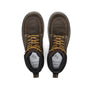 Dark brown boots that have yellow laces against a white background.