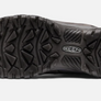 Sole of a shoe that is black rubber and has the Keen logo in the middle of the sole and is against a white background.