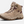 Side view of a tan boot with purple accents against a white background.
