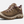 Angled side view of a light brown shoe with tan and dark purple accents against a white backdrop.