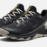 Pair of black shoes with Tan and white accents and the Keen logo on the side against a white background.